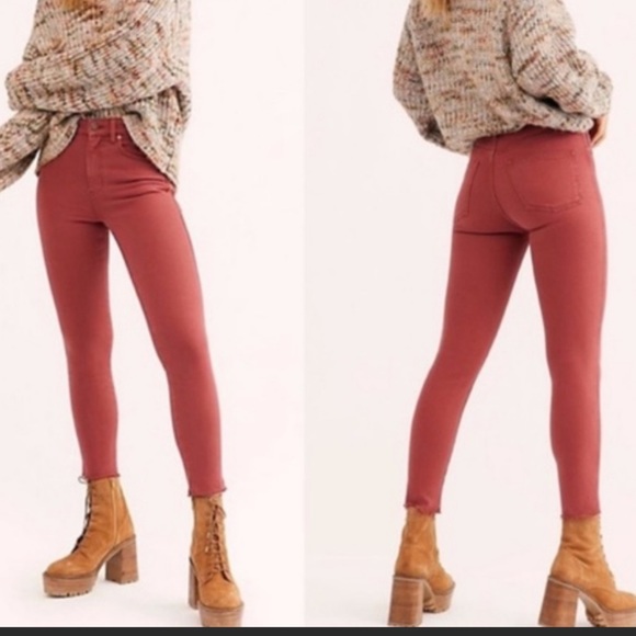 Free People Denim - We The Free Free People Rust Burnt Orange High Rise Skinny Raw Hem Denim…